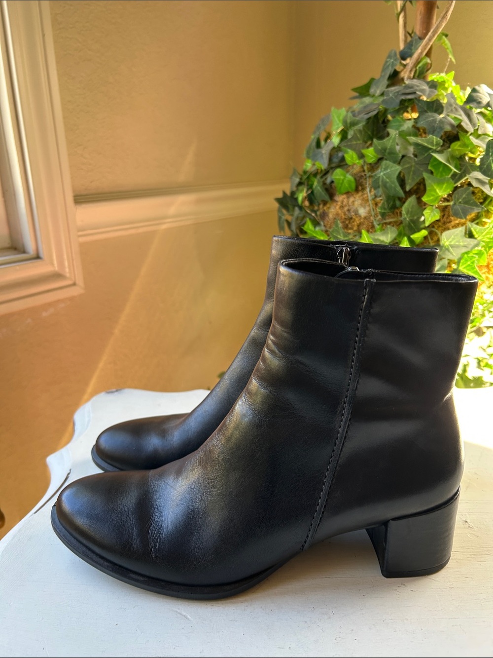 Ecco Classic Black Leather Women’s Ankle Booties with Side Zip EUC